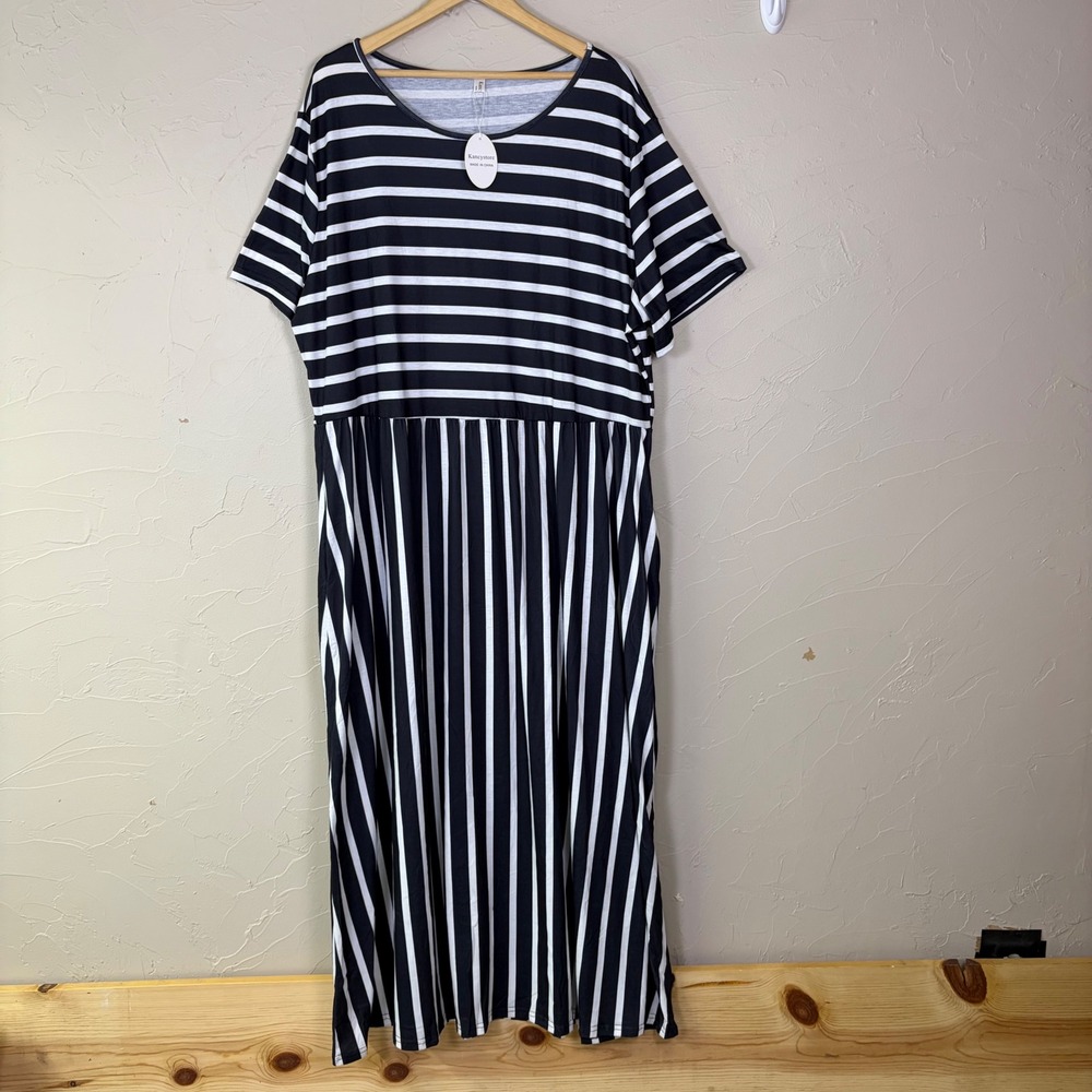 Kancystore Stripe Maxi Dress Womens XXL Black White‎ Short Sleeve Empire Waist
